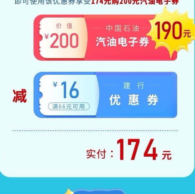 建行信用卡200-26中石油加油券！（每周四）